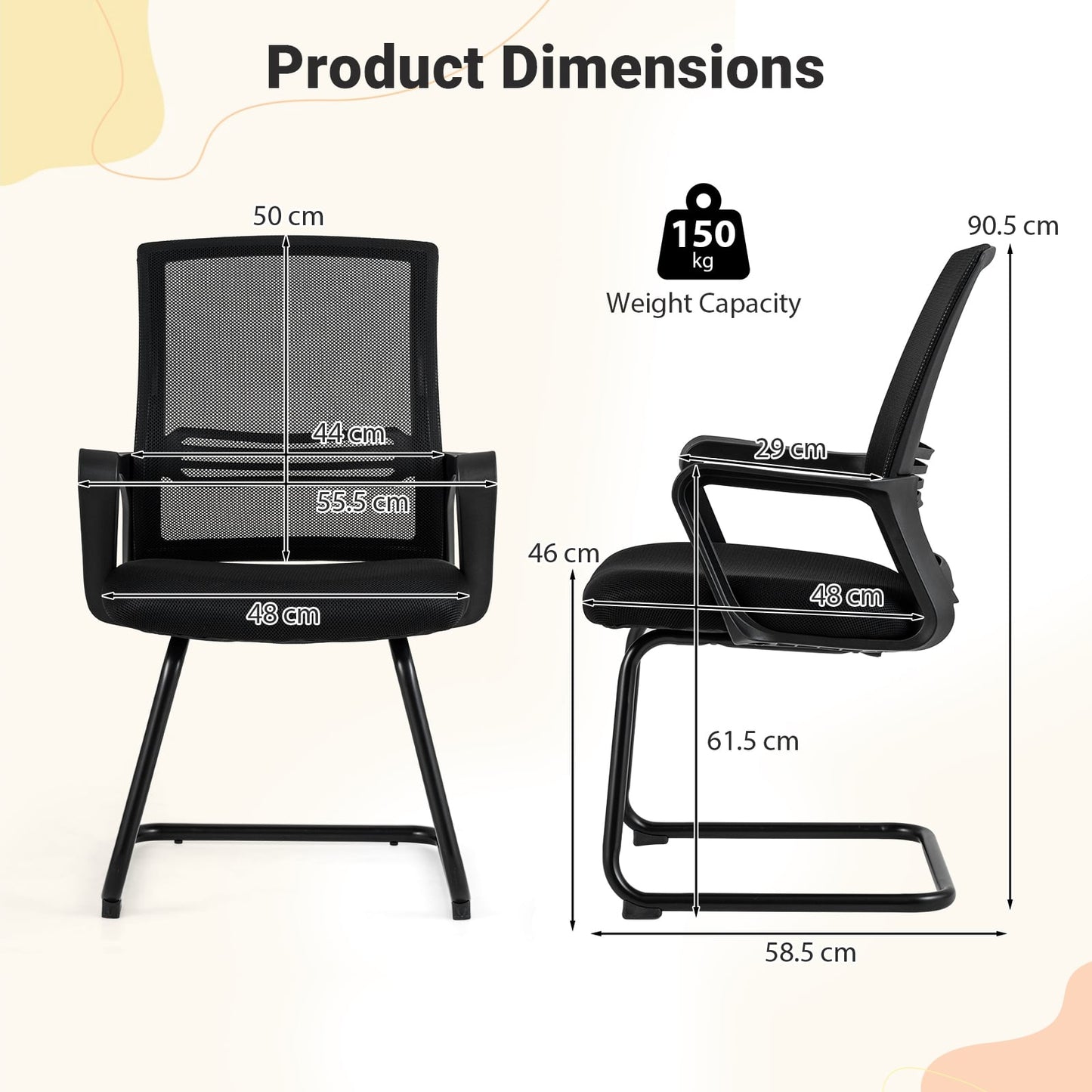 Set of 2 Office Guest Chair with Lumbar Support and Mesh Back for Reception-black