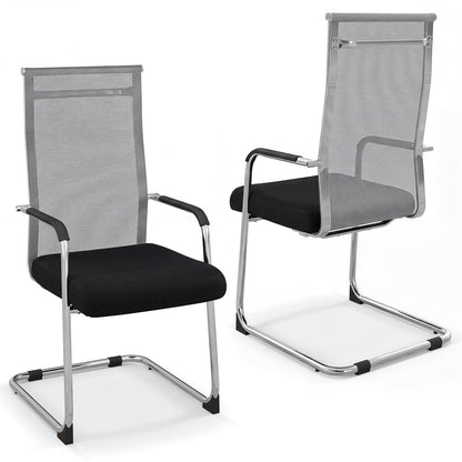 Set of 2 Office Guest Chairs with Metal Sled Base and Armrests-Grey