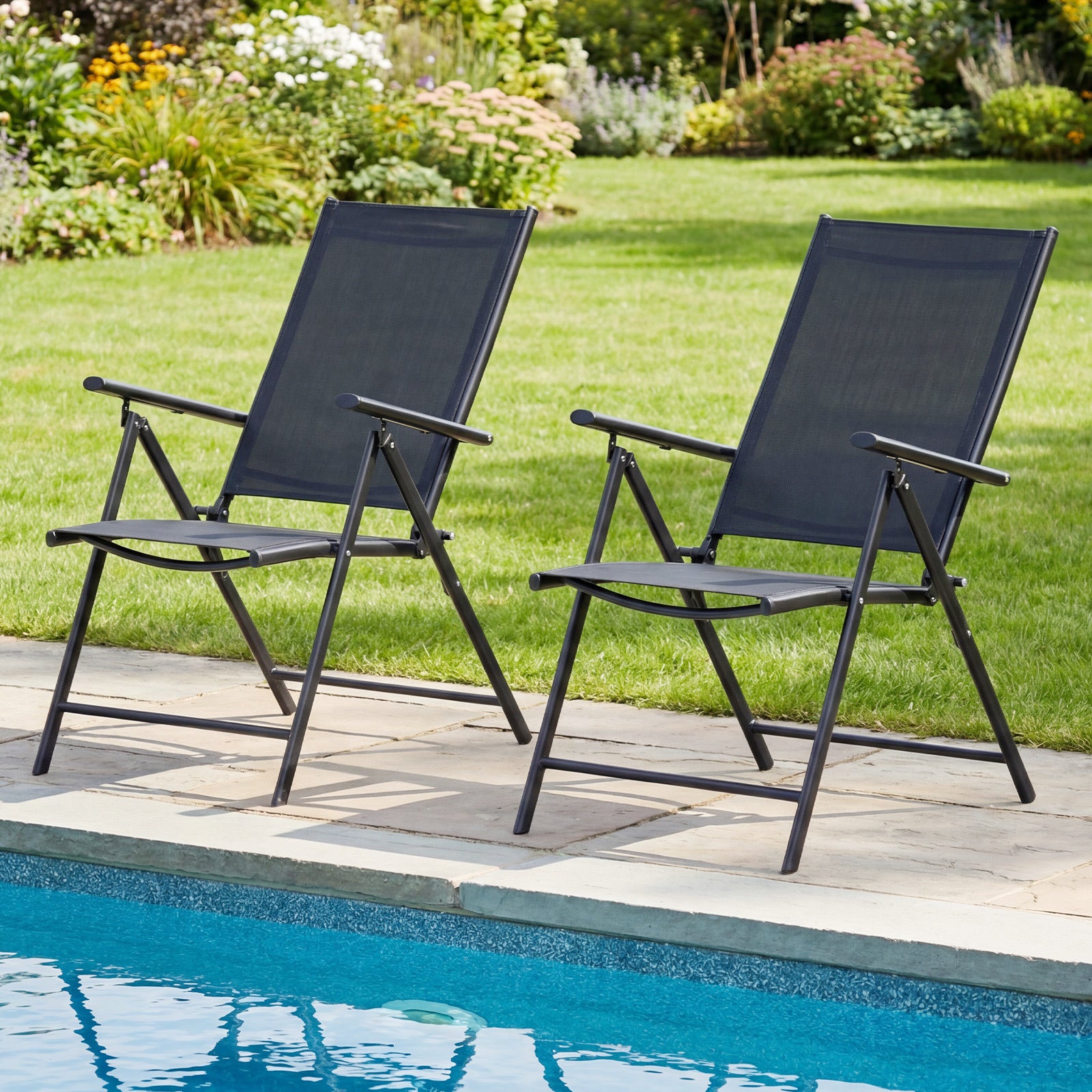 Set of 2 Patio Folding Chairs Adjustable with Breathable Fabric Seats-Black