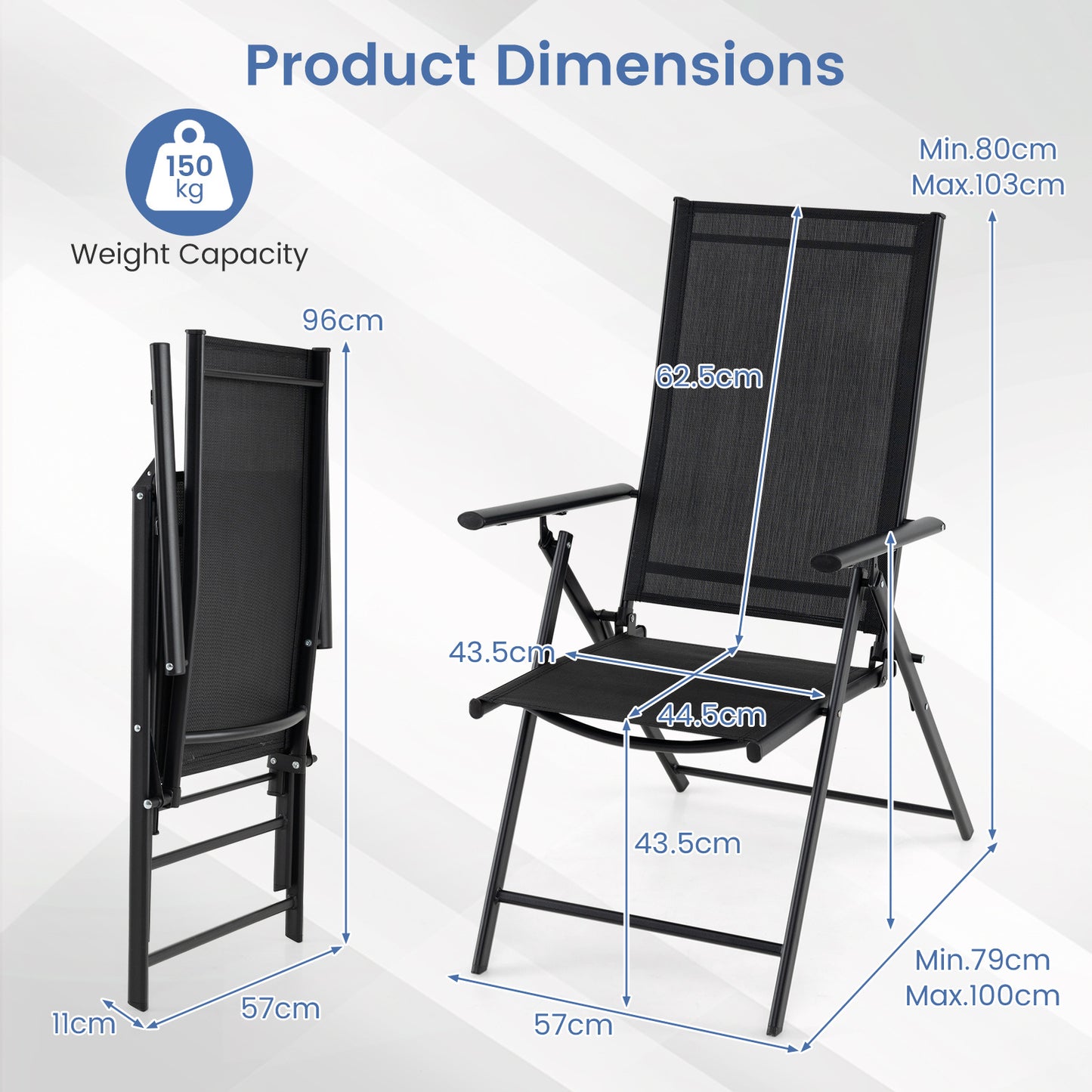Set of 2 Patio Folding Chairs Adjustable with Breathable Fabric Seats-Black