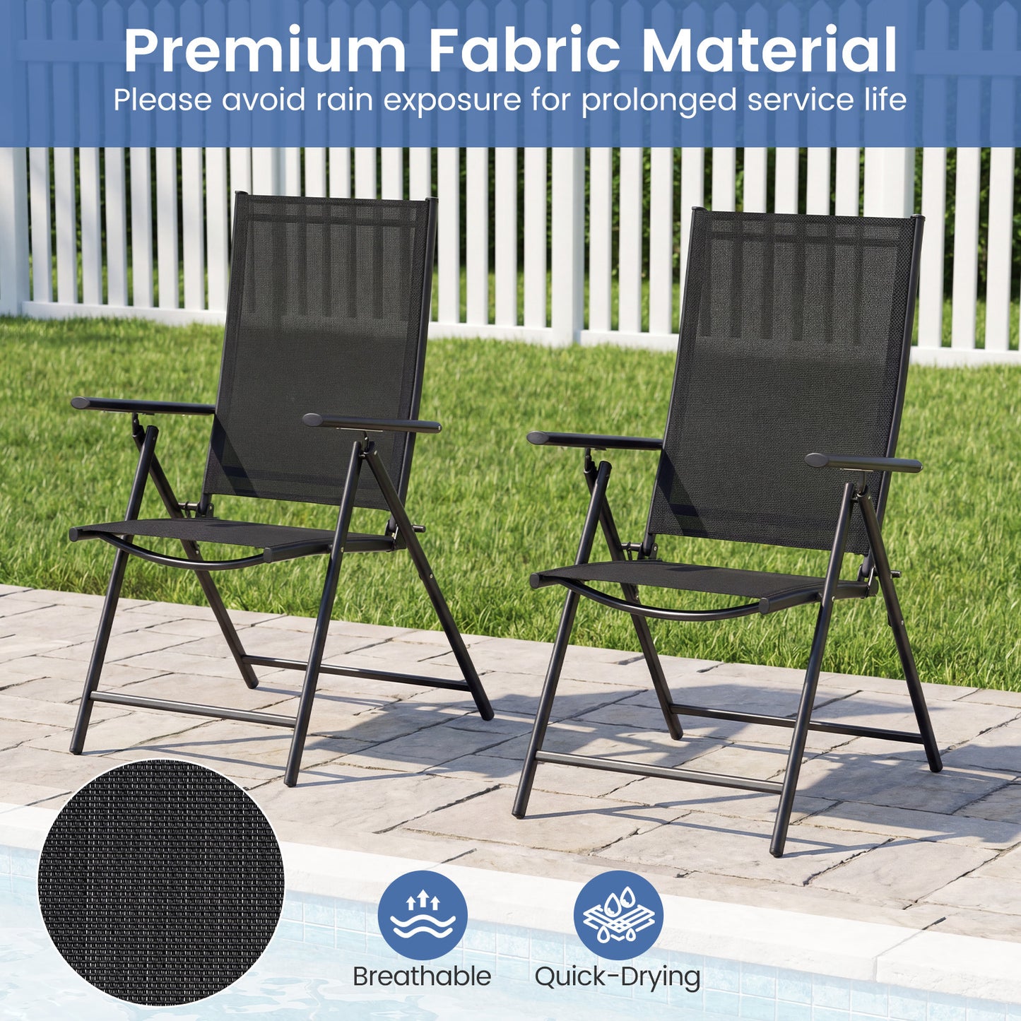 Set of 2 Patio Folding Chairs Adjustable with Breathable Fabric Seats-Black