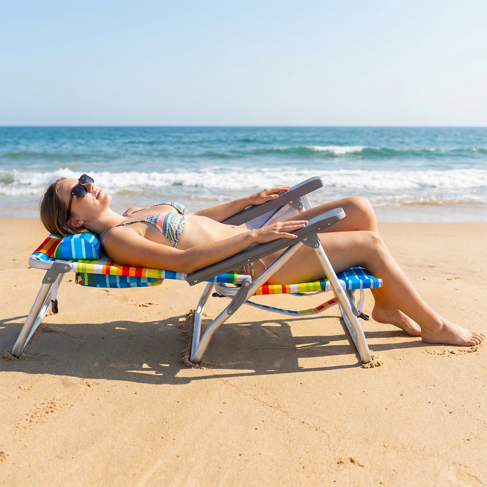 Set of 2 PortableBeach Chairs with 5-Position Backrest and Padded Headrest-Multicolor