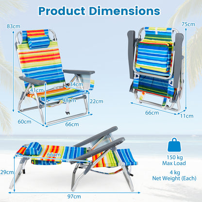 Set of 2 PortableBeach Chairs with 5-Position Backrest and Padded Headrest-Multicolor