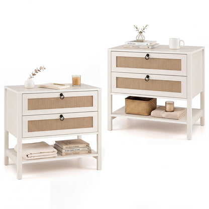 Set of 2 Rattan Nightstand 68 cm with 2 Drawers for Living Room Bedroom-White