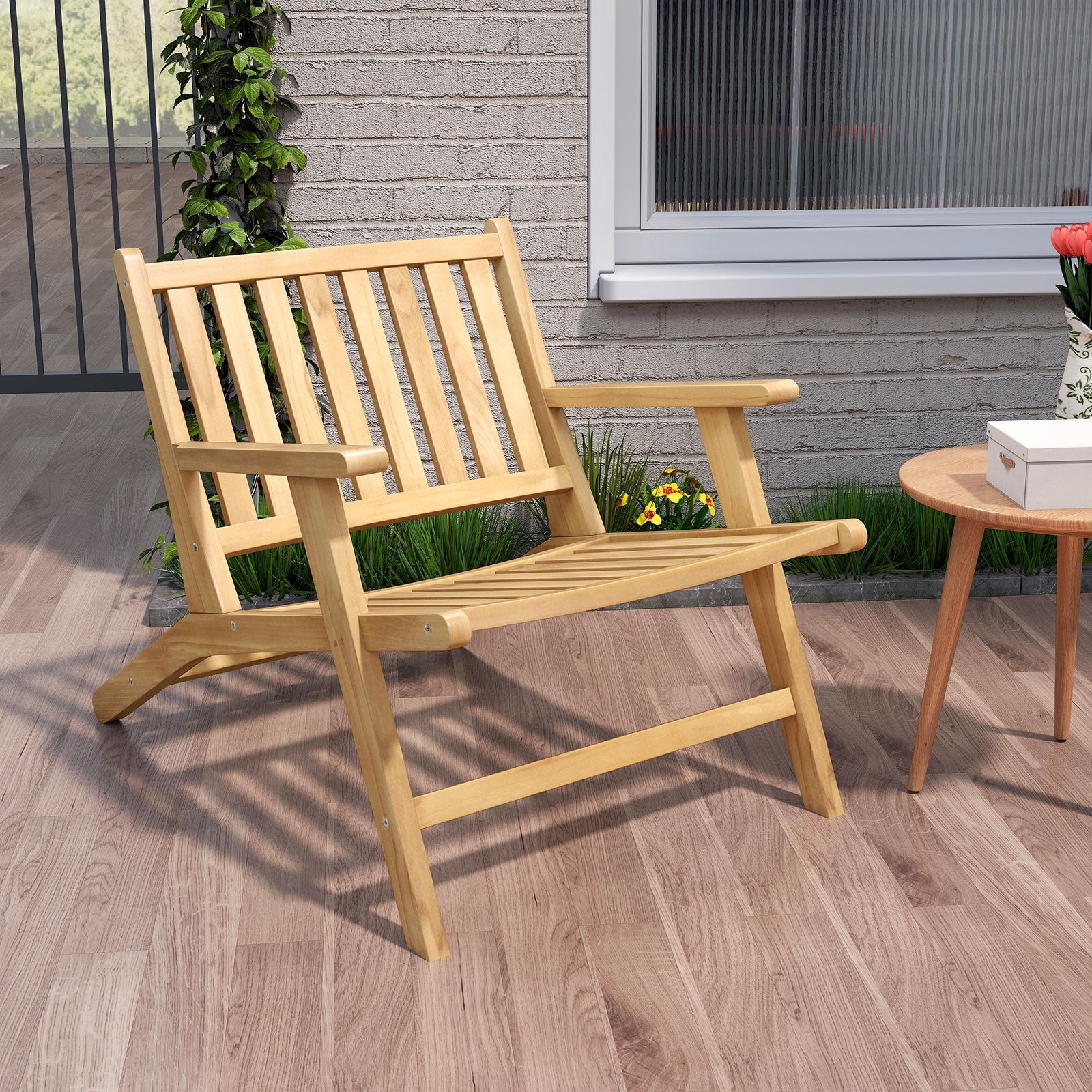 Set of 2 Teak Wood Outdoor Reclining Chair Natural Mid Century Accent Armchair