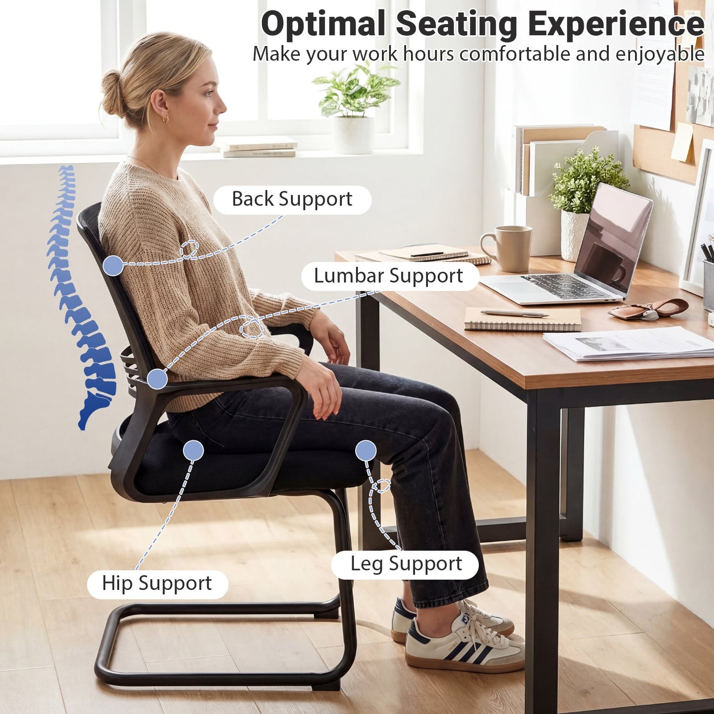 Set of 4 Office Guest Chair with Lumbar Support and Mesh Back for Reception-Black
