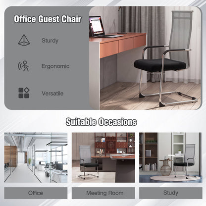 Set of 4 Office Guest Chairs with Metal Sled Base and Armrests-Grey
