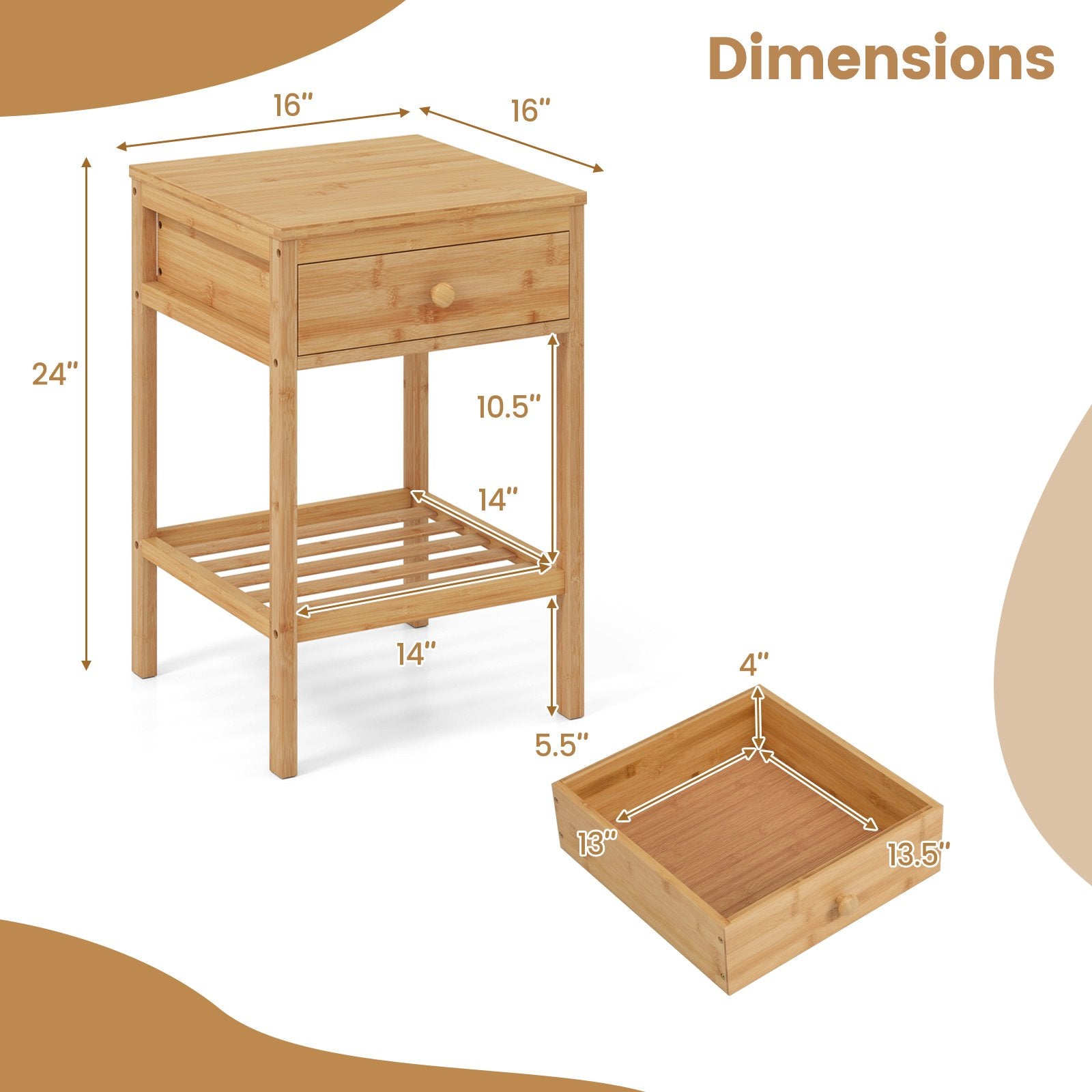 Set of 1/2 Bamboo Nightstand Bedside Table with Storage Drawer and Open Shelf-1 piece