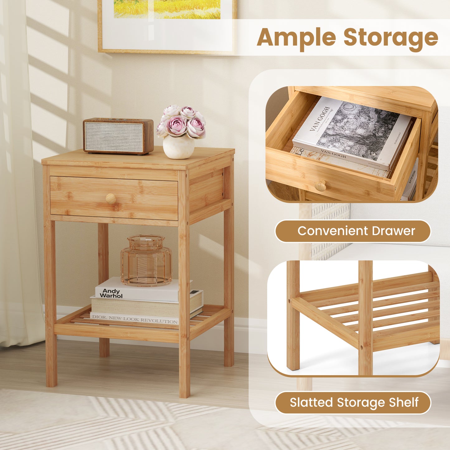Set of 1/2 Bamboo Nightstand Bedside Table with Storage Drawer and Open Shelf-1 piece