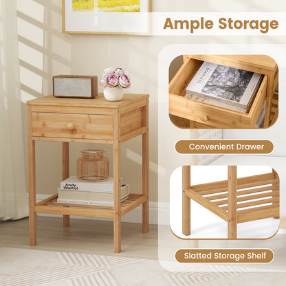 Set of 1/2 Bamboo Nightstand Bedside Table with Storage Drawer and Open Shelf-1 piece