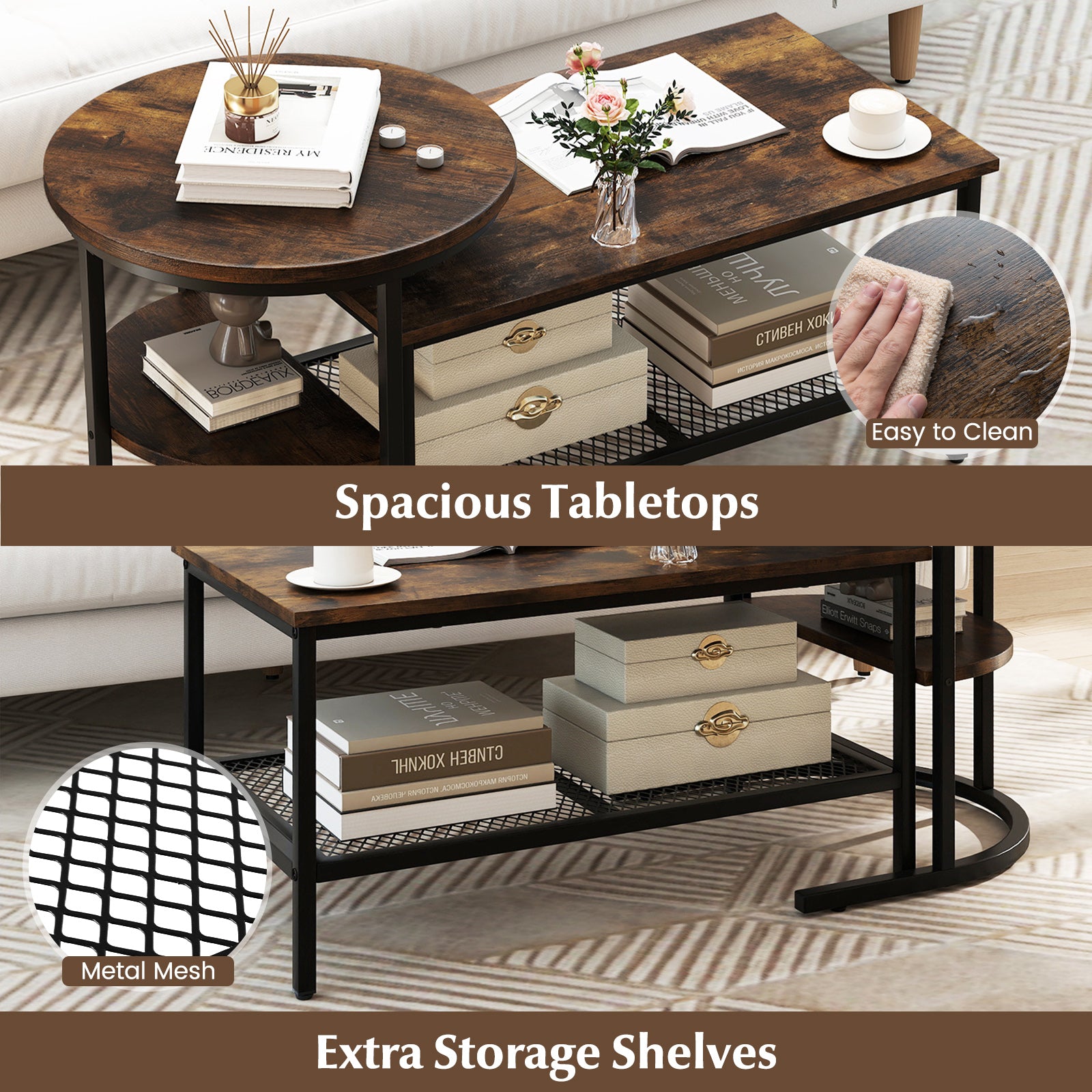Set of 2 Nesting Coffee Table with Extra Storage Shelf-Coffee