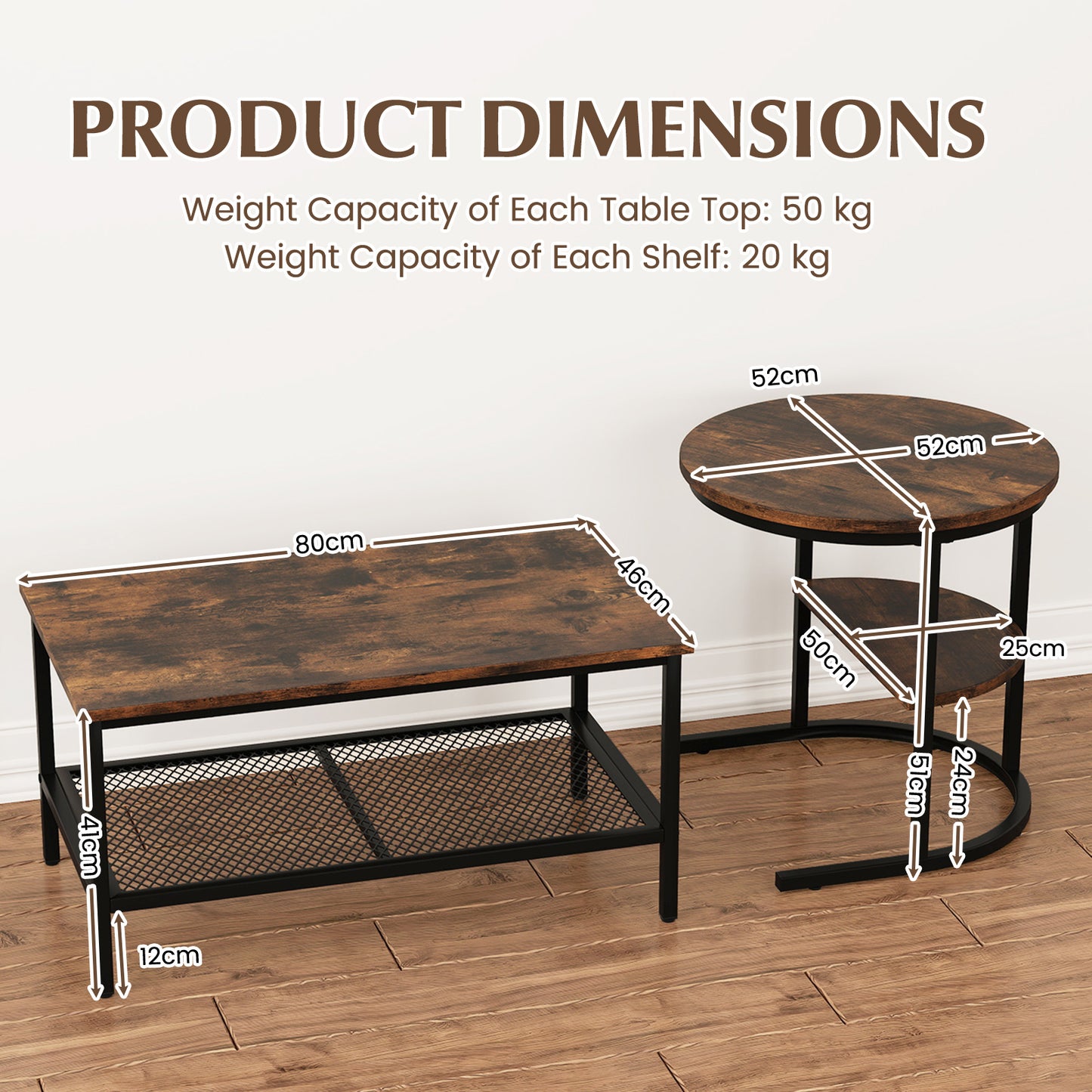 Set of 2 Nesting Coffee Table with Extra Storage Shelf-Coffee