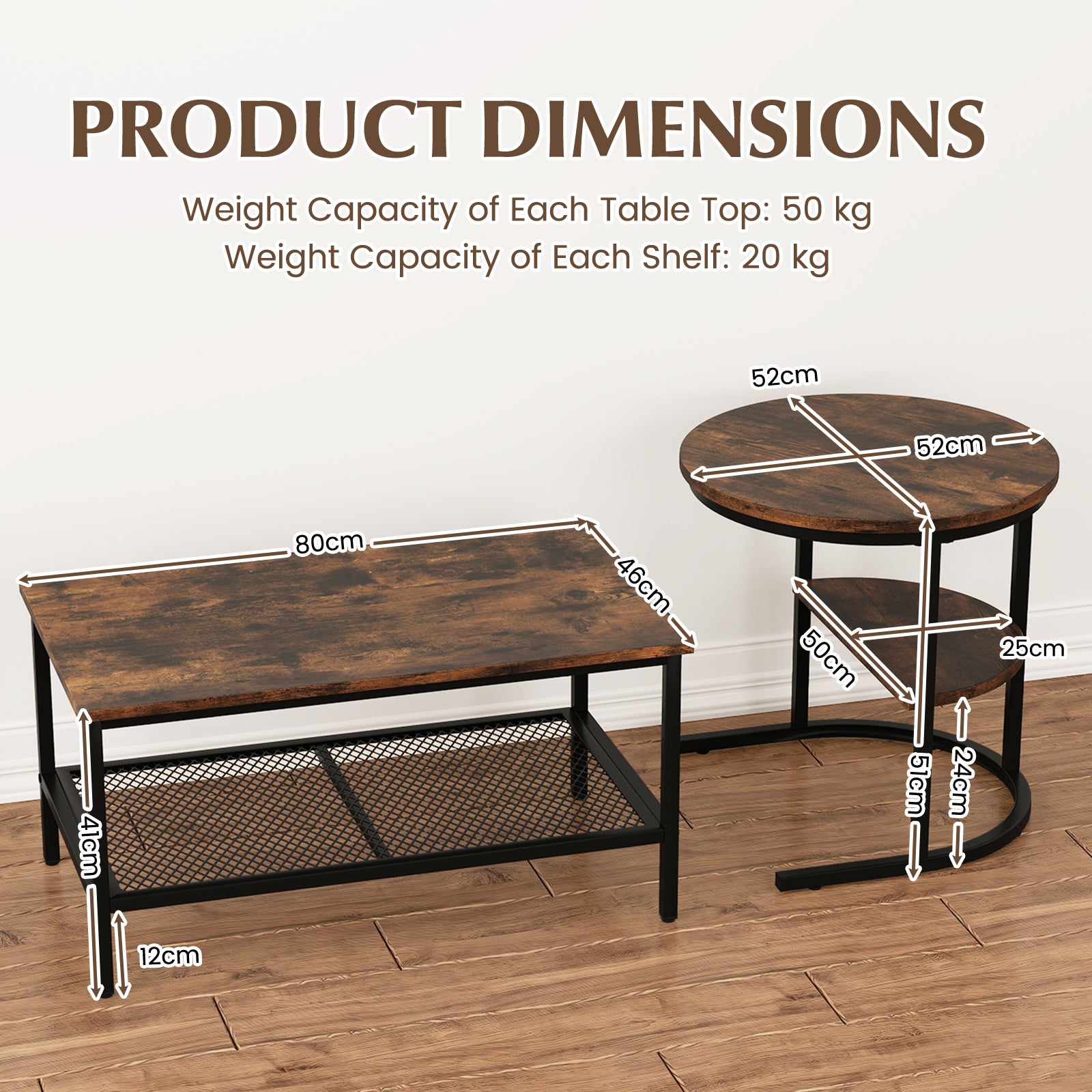 Set of 2 Nesting Coffee Table with Extra Storage Shelf-Coffee