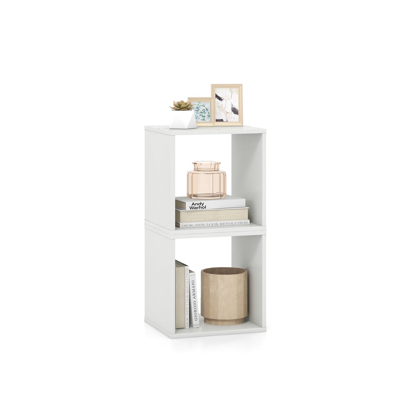 Set of 2 Bookcase Stackable Standing Nightstand with Storage Cubes-White