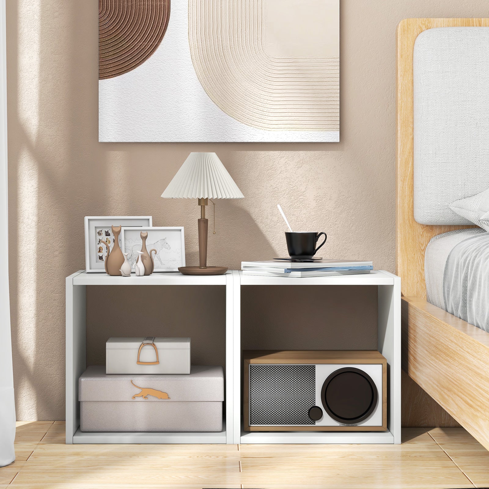 Set of 2 Bookcase Stackable Standing Nightstand with Storage Cubes-White