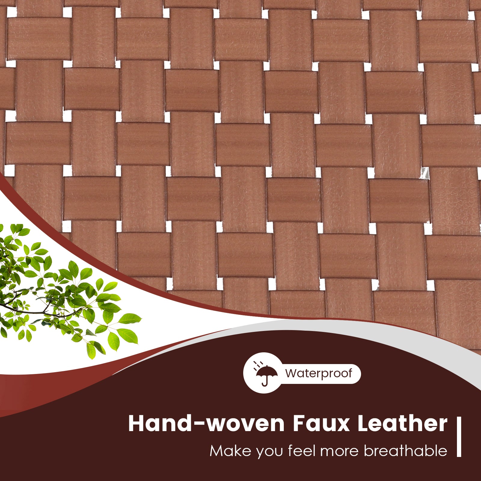 Set of 2 Woven Leather Accent Chairs with Wood Frame-Brown