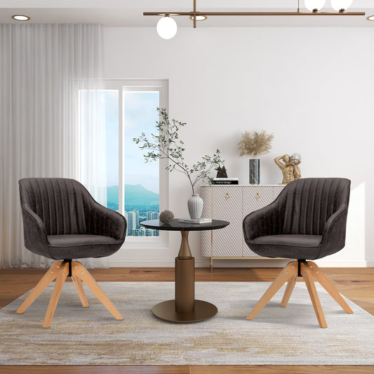 Set of 4 360° Swivel Accent Chair with Solid Wood Legs-Brown