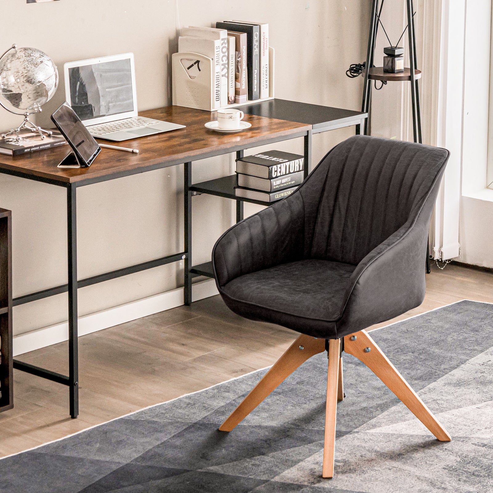 Set of 4 360° Swivel Accent Chair with Solid Wood Legs-Brown