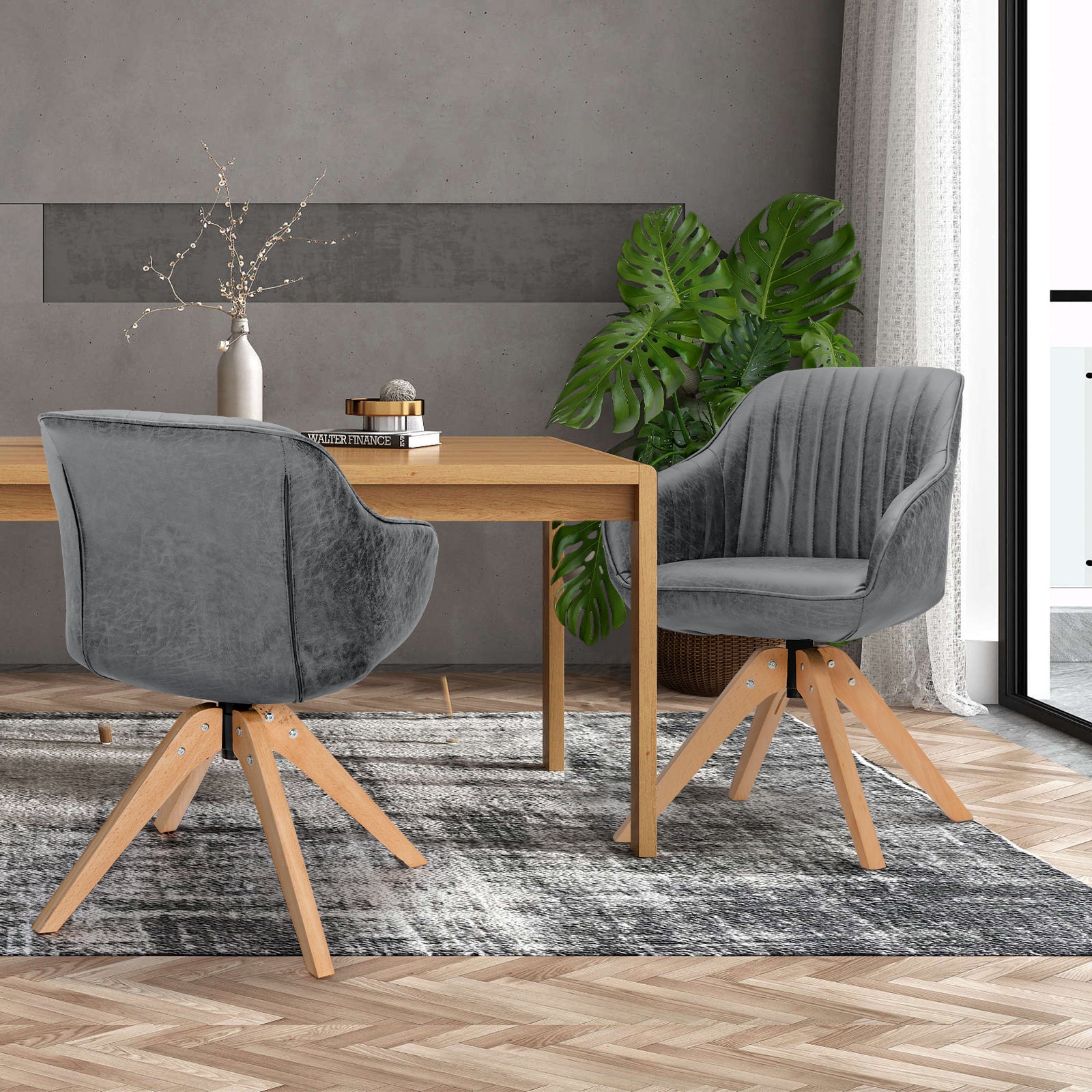 Set of 4 360° Swivel Accent Chair with Solid Wood Legs-Grey