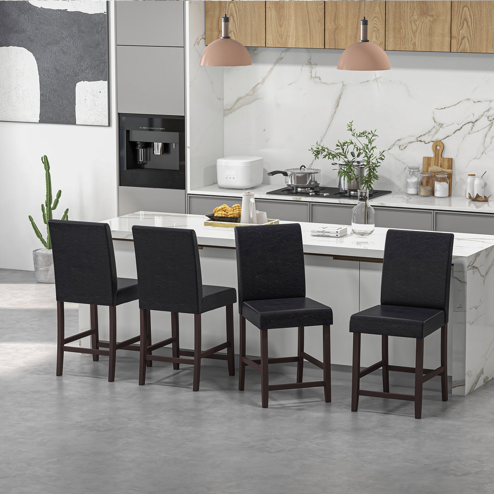 Set of 4 Counter Height Bar Stools with Rubber Wood Legs and Ergonomic