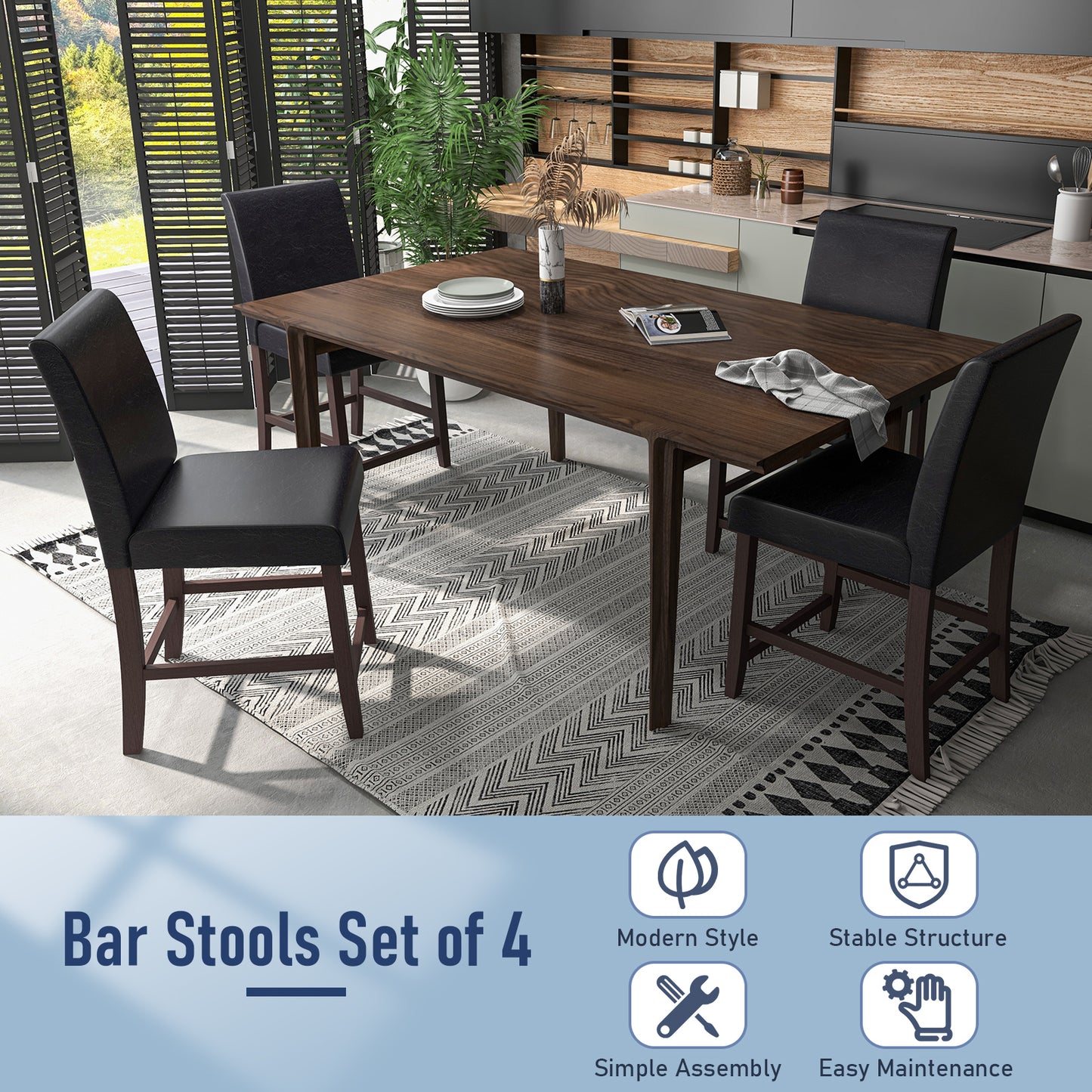 Set of 4 Counter Height Bar Stools with Rubber Wood Legs and Ergonomic