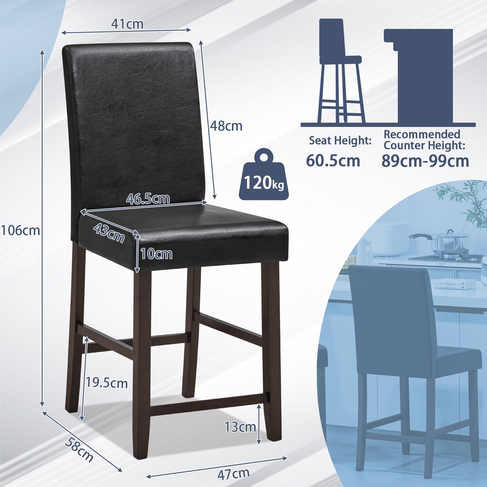 Set of 4 Counter Height Bar Stools with Rubber Wood Legs and Ergonomic