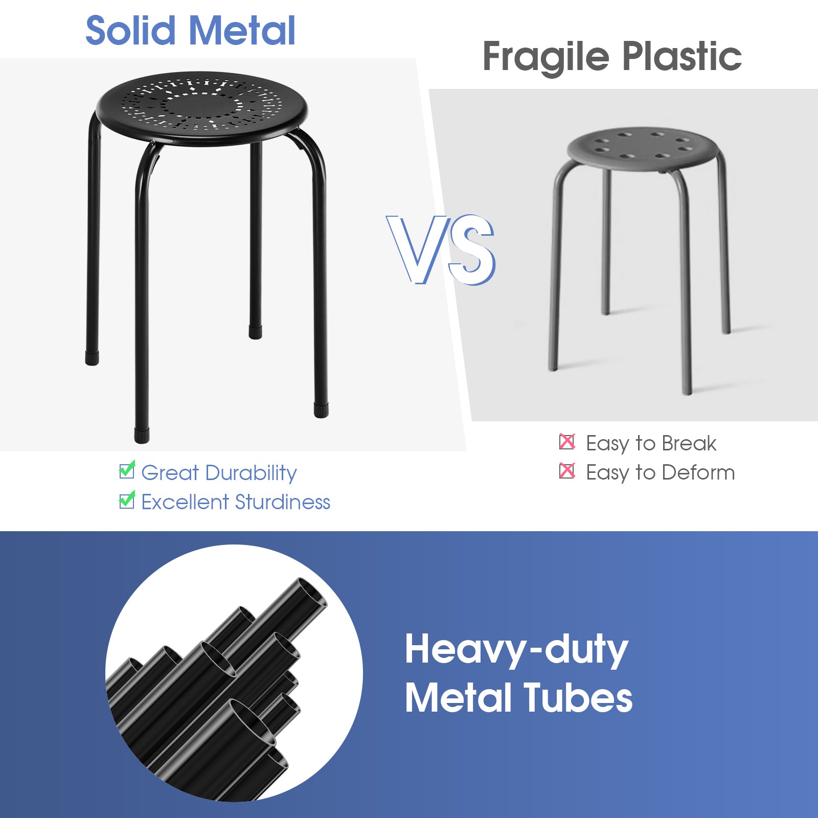 Set of 6 Round Metal Stools Support up to 120kg-Black