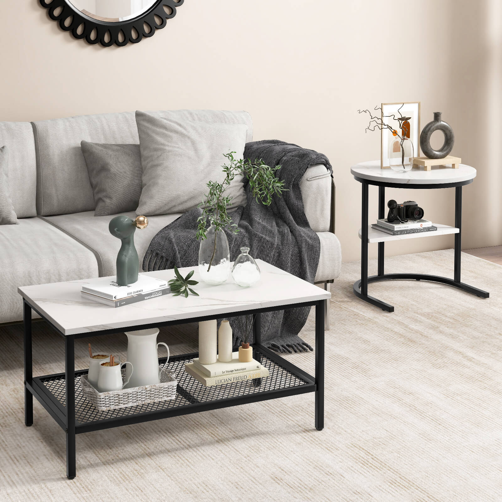 Set of 2 Nesting Coffee Table with Extra Storage Shelf-Black
