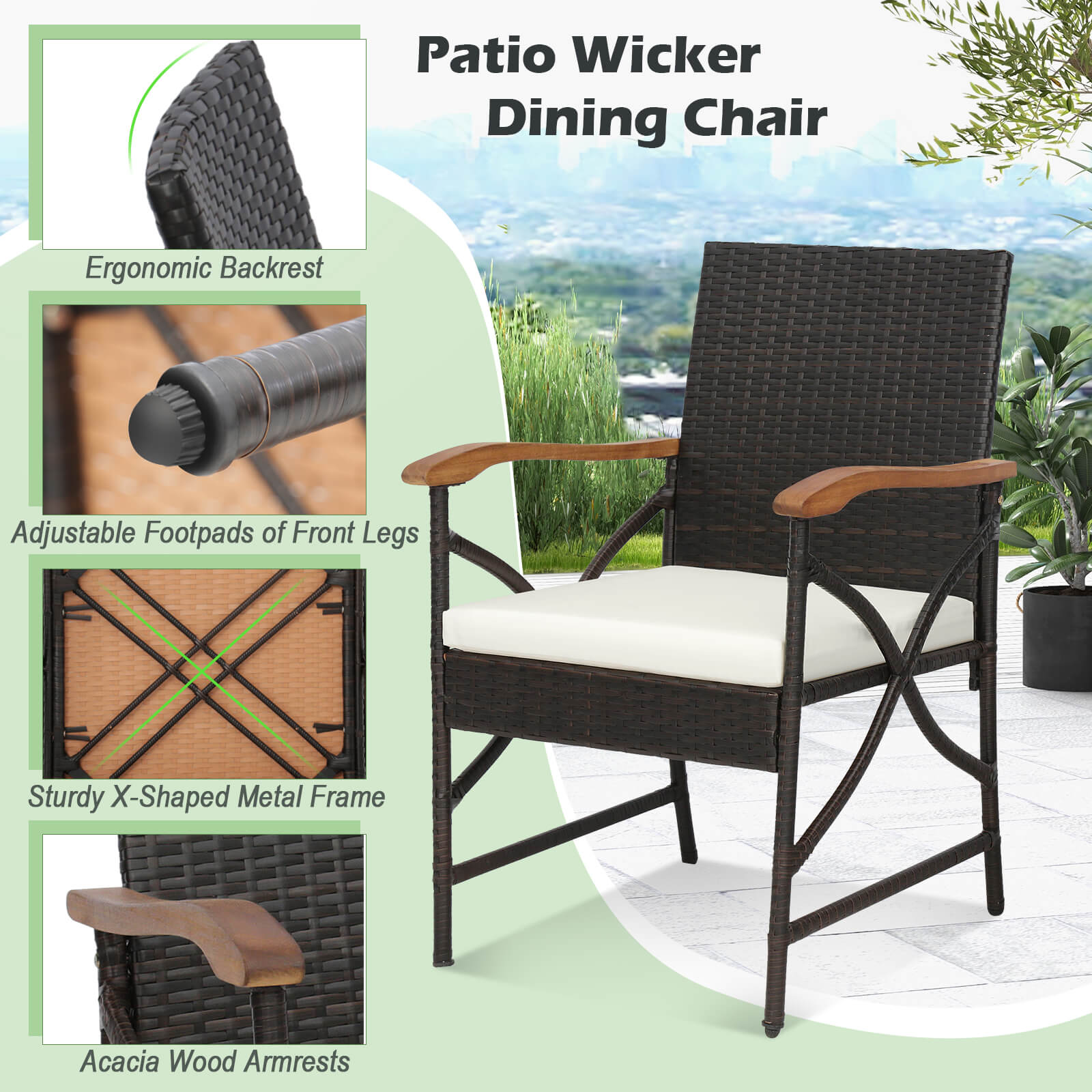 Set of 4 Patio Dining Chairs with All-Weather Wicker and Soft Zippered Cushion