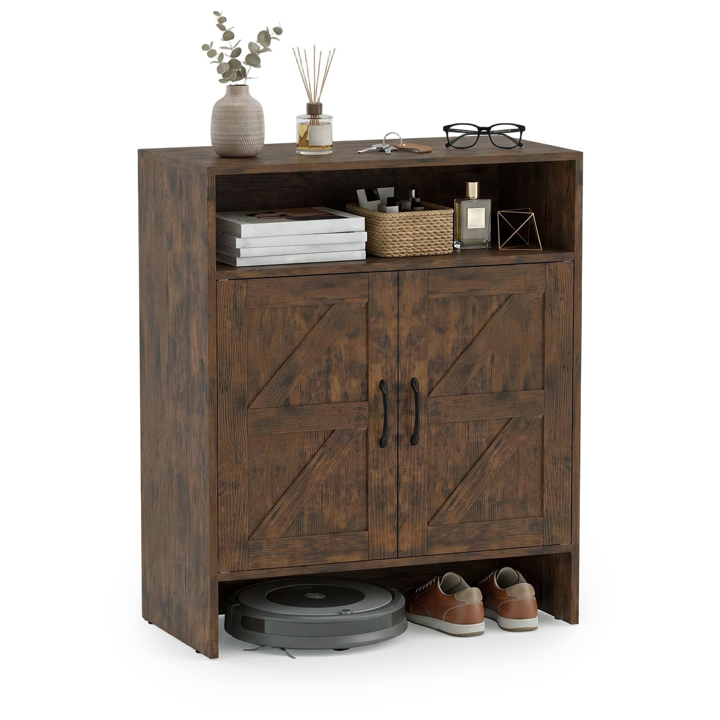 Shoe Cabinet with 2 Barn Doors and Adjustable Shelves for Entryway-Brown