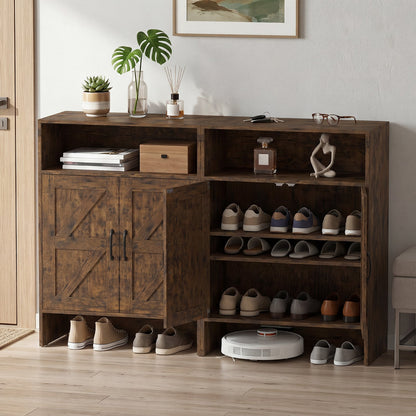 Shoe Cabinet with 2 Barn Doors and Adjustable Shelves for Entryway-Brown