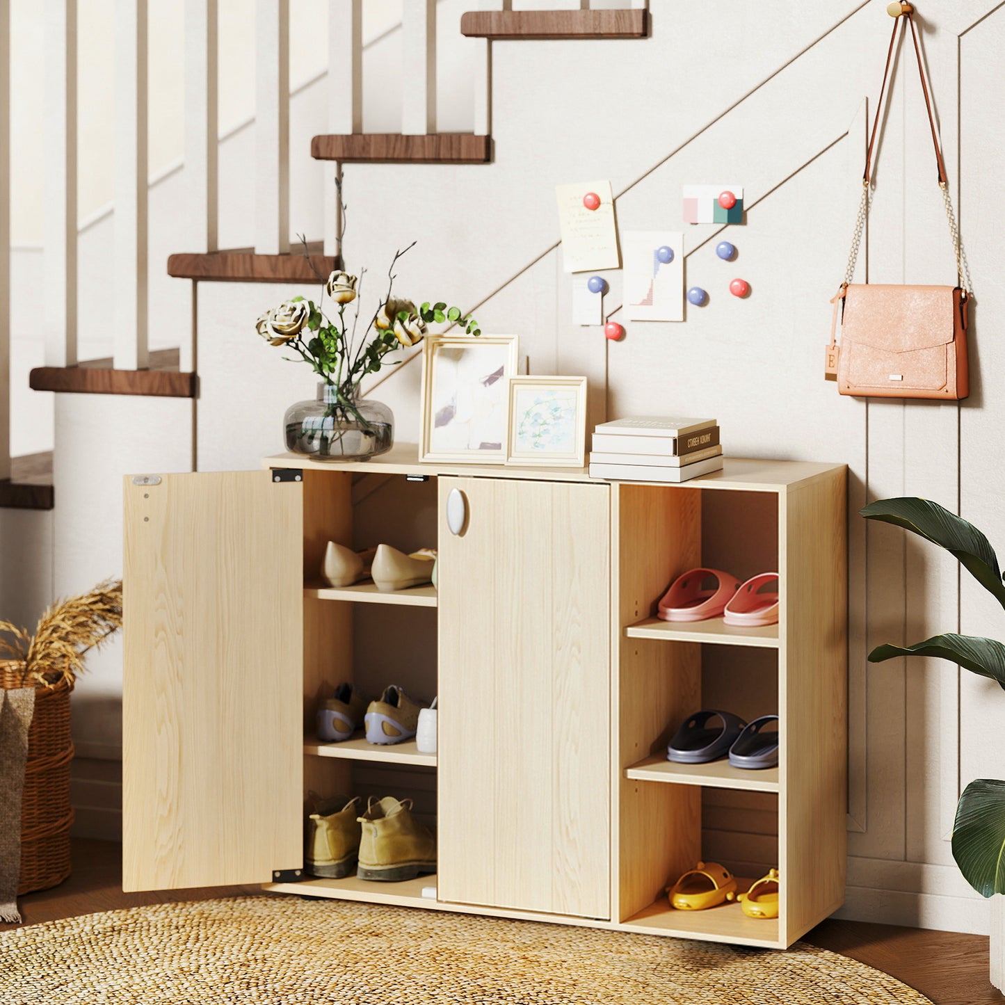 3-Tier Shoe Cabinet with Doors and Adjustable Open Shelves-Natural