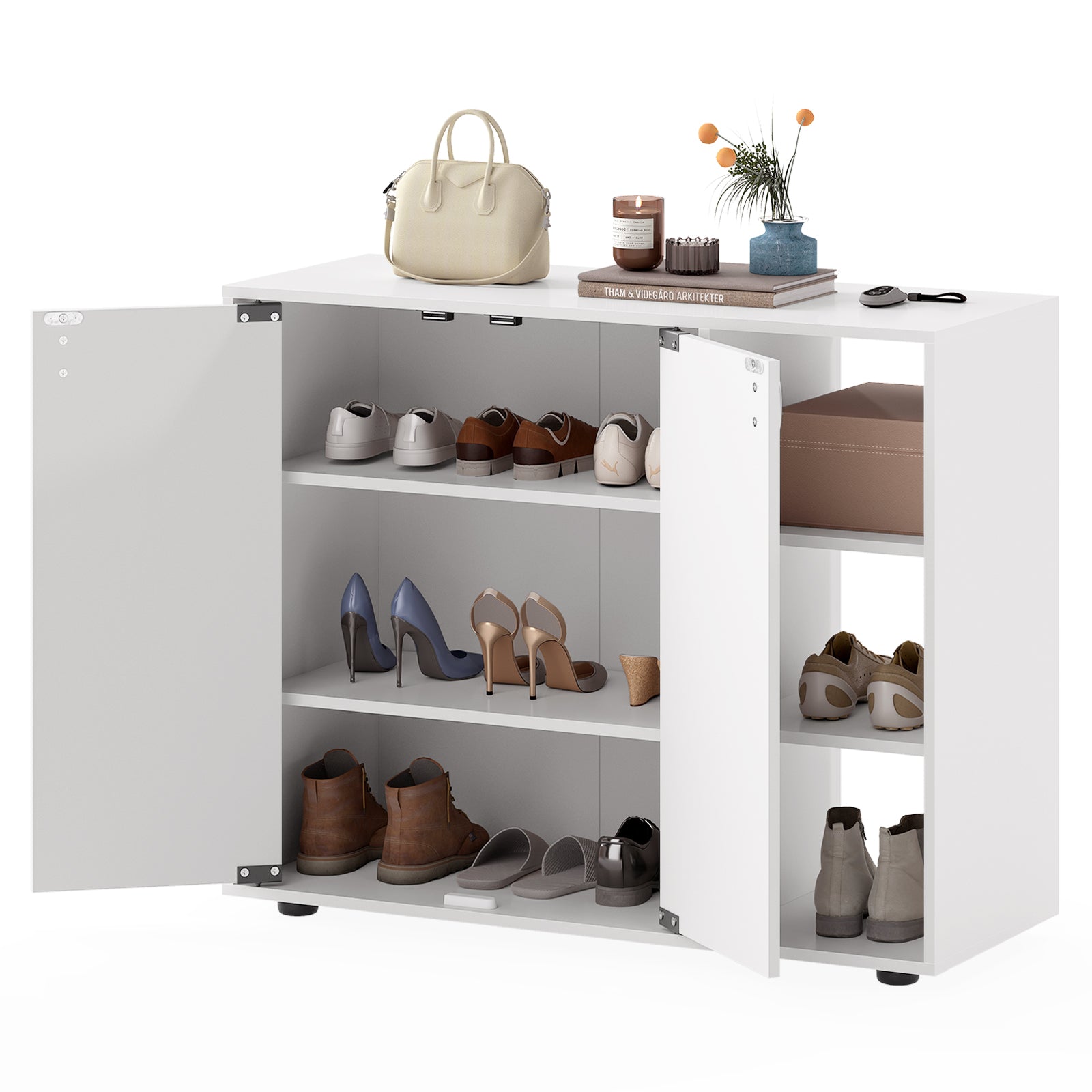 3-Tier Shoe Cabinet with Doors and Adjustable Open Shelves-White