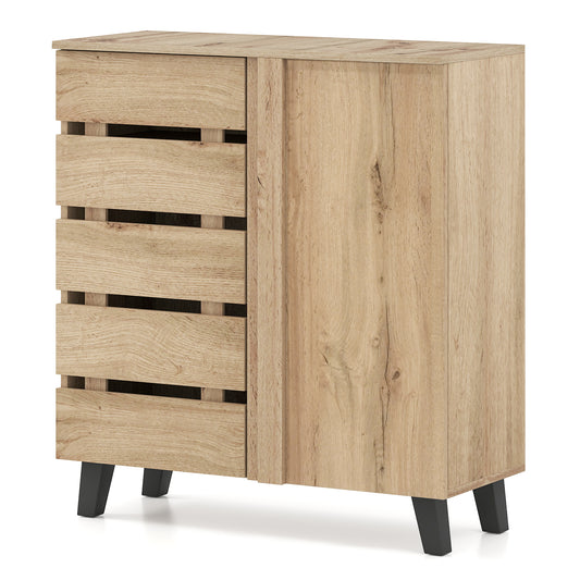 4-Tier Shoe Cabinet with Louvered Door and Removable Shelves-Natural
