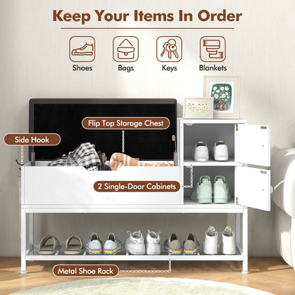 Shoe Entryway Bench with Flip Top Box and 2 Door Cabinets-White