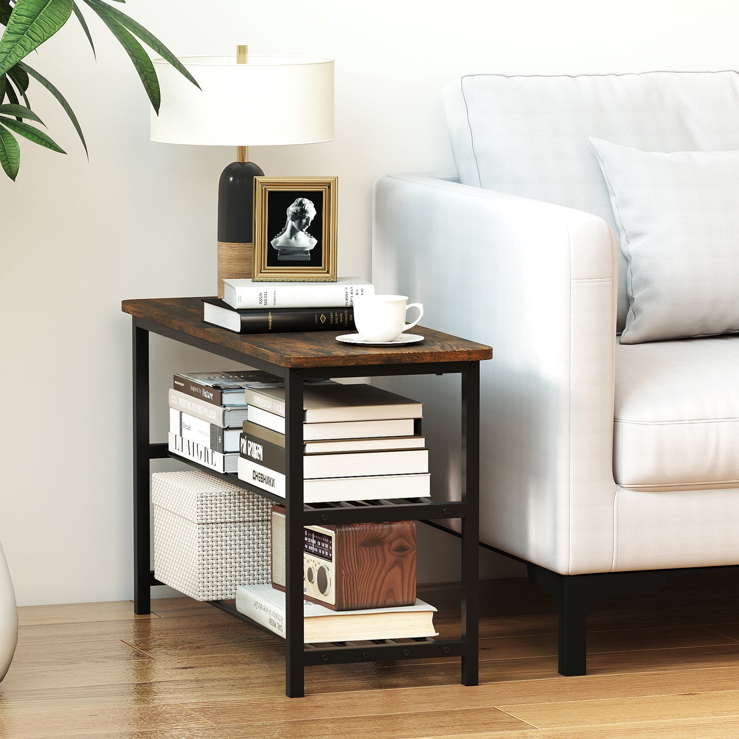 3-Tier Shoe Storage Bench with Metal Slat Shelves and Long Wooden Seat-Rustic Brown