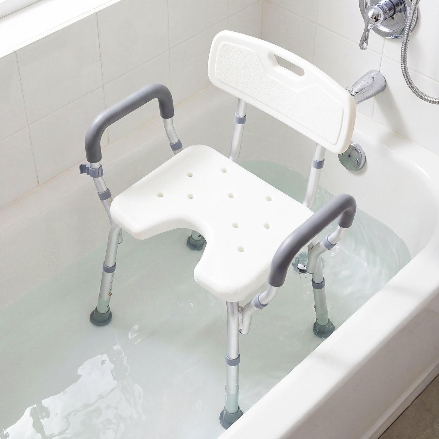 Shower Chair Height Adjustable with Backrest and Padded Armrests-Silver