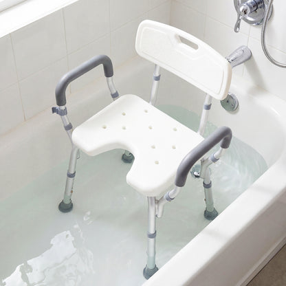 Shower Chair Height Adjustable with Backrest and Padded Armrests-Silver