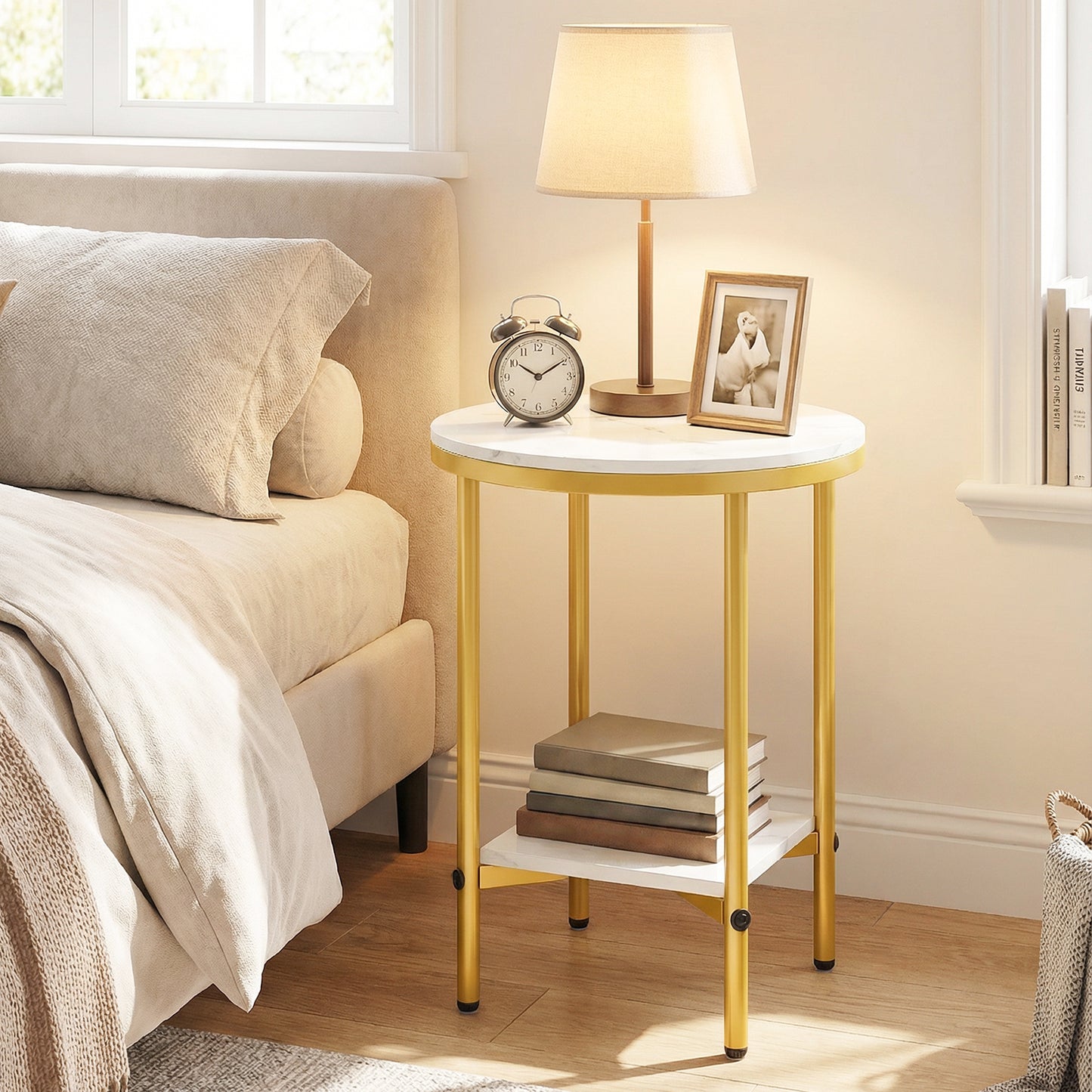 Side Table Modern Round End Table with Faux Marble Top and Bottom Storage Shelf-White