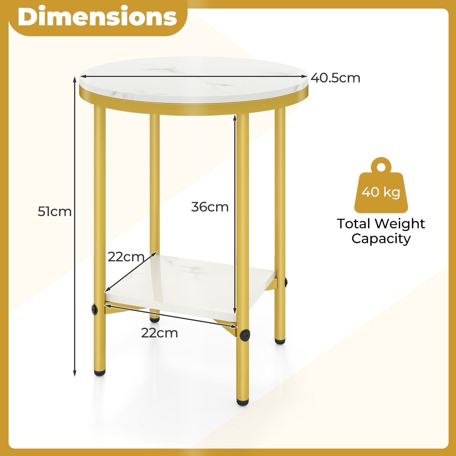 Side Table Modern Round End Table with Faux Marble Top and Bottom Storage Shelf-White