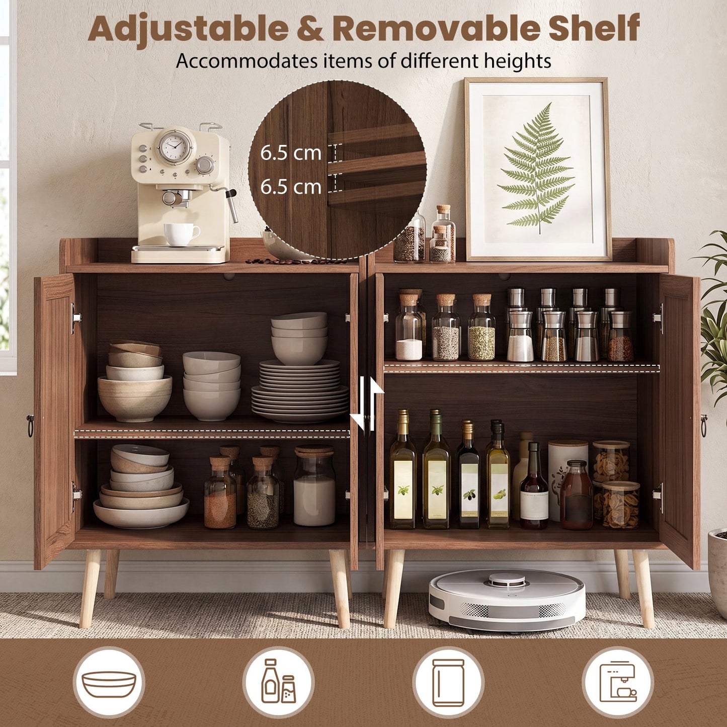 Sideboard Buffet Cabinet with 2 Doors Adjustable Shelf and Pine Wood Legs-Brown