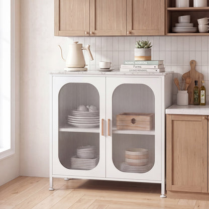 Sideboard Buffet Cabinet with Adjustable Shelf & 2 Translucent Doors for Dining Room-White