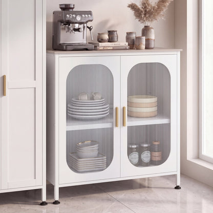 Sideboard Buffet Cabinet with Adjustable Shelf & 2 Translucent Doors for Dining Room-White