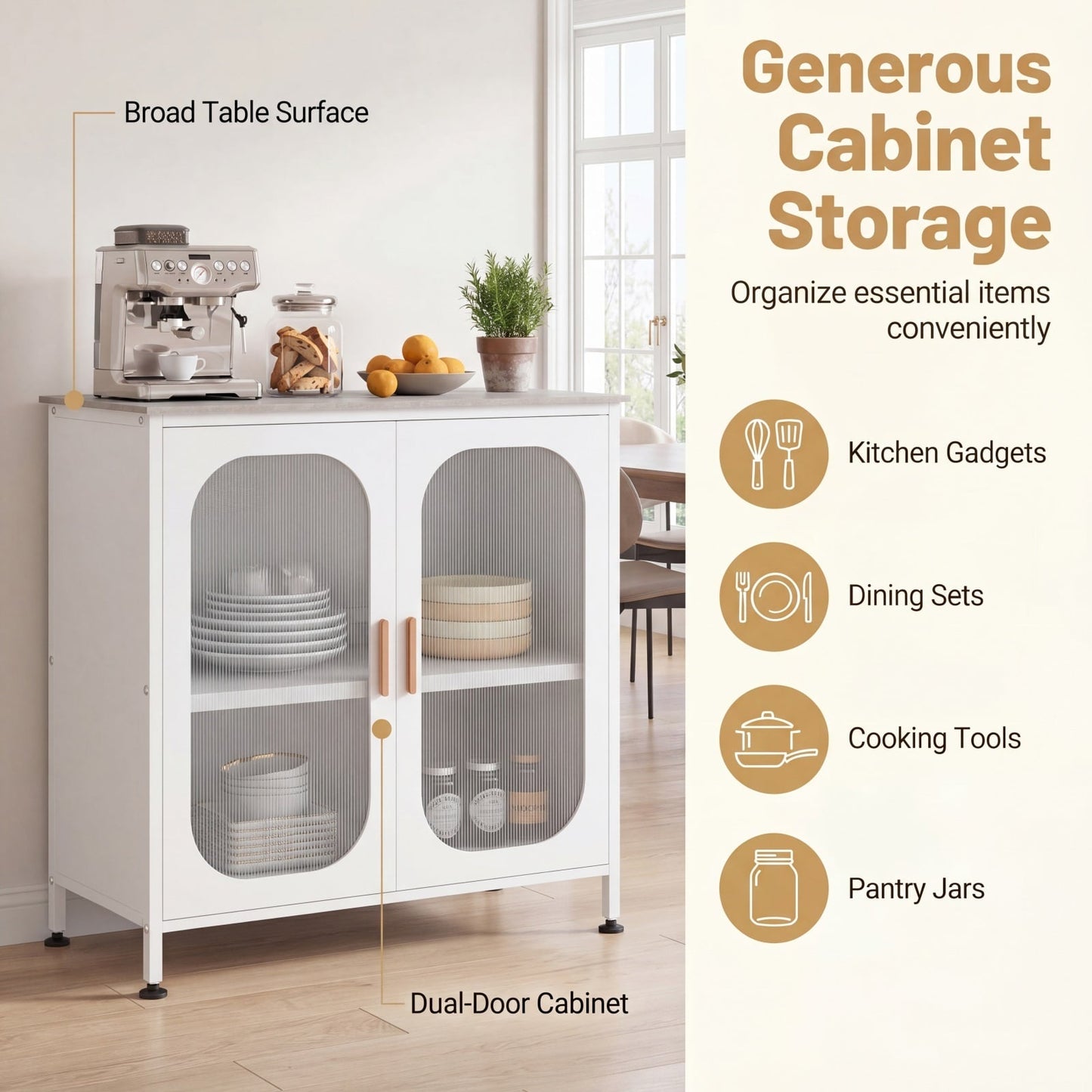 Sideboard Buffet Cabinet with Adjustable Shelf & 2 Translucent Doors for Dining Room-White