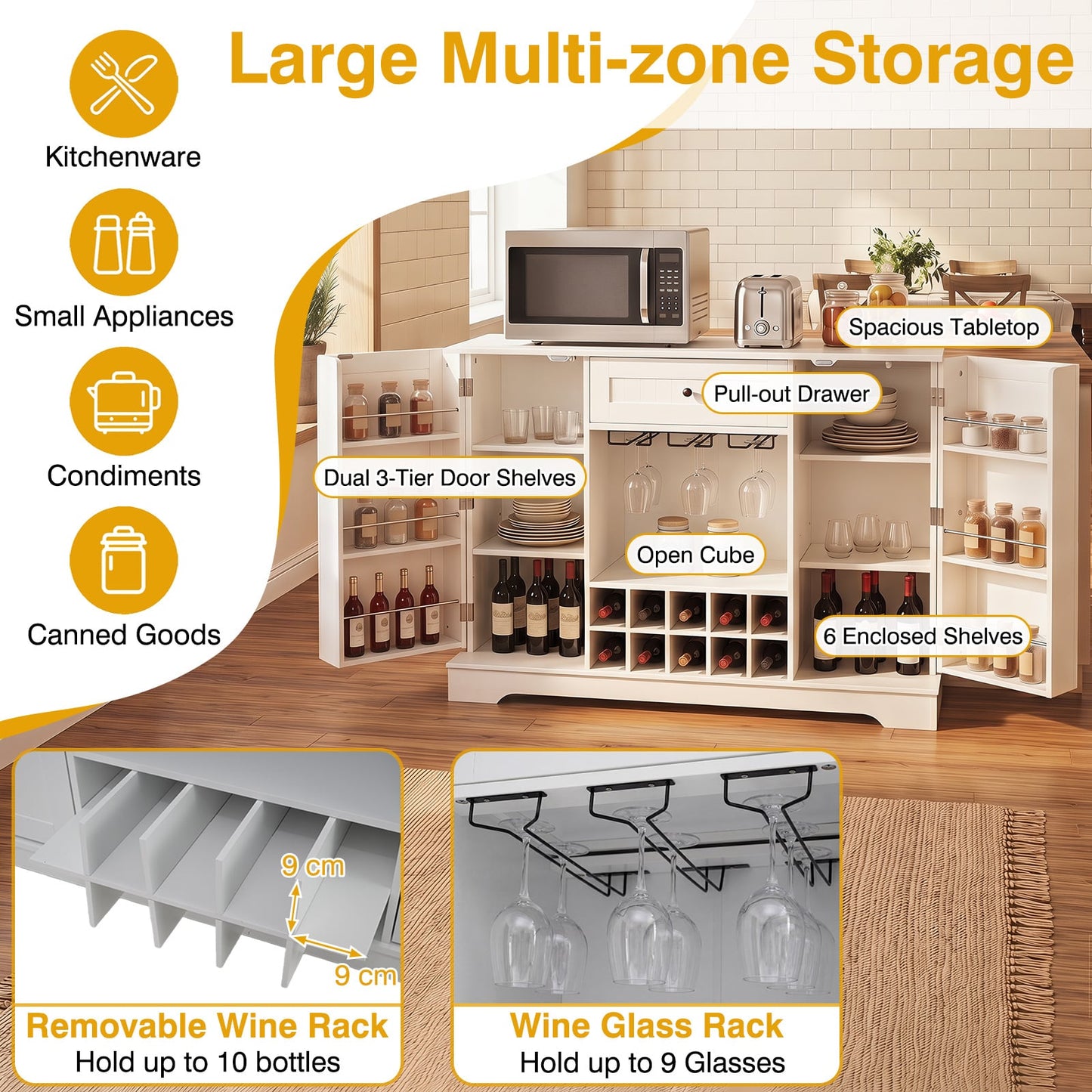 Sideboard Cabinet 120 CM Kitchen Storage Cabinet with Door Shelves-White