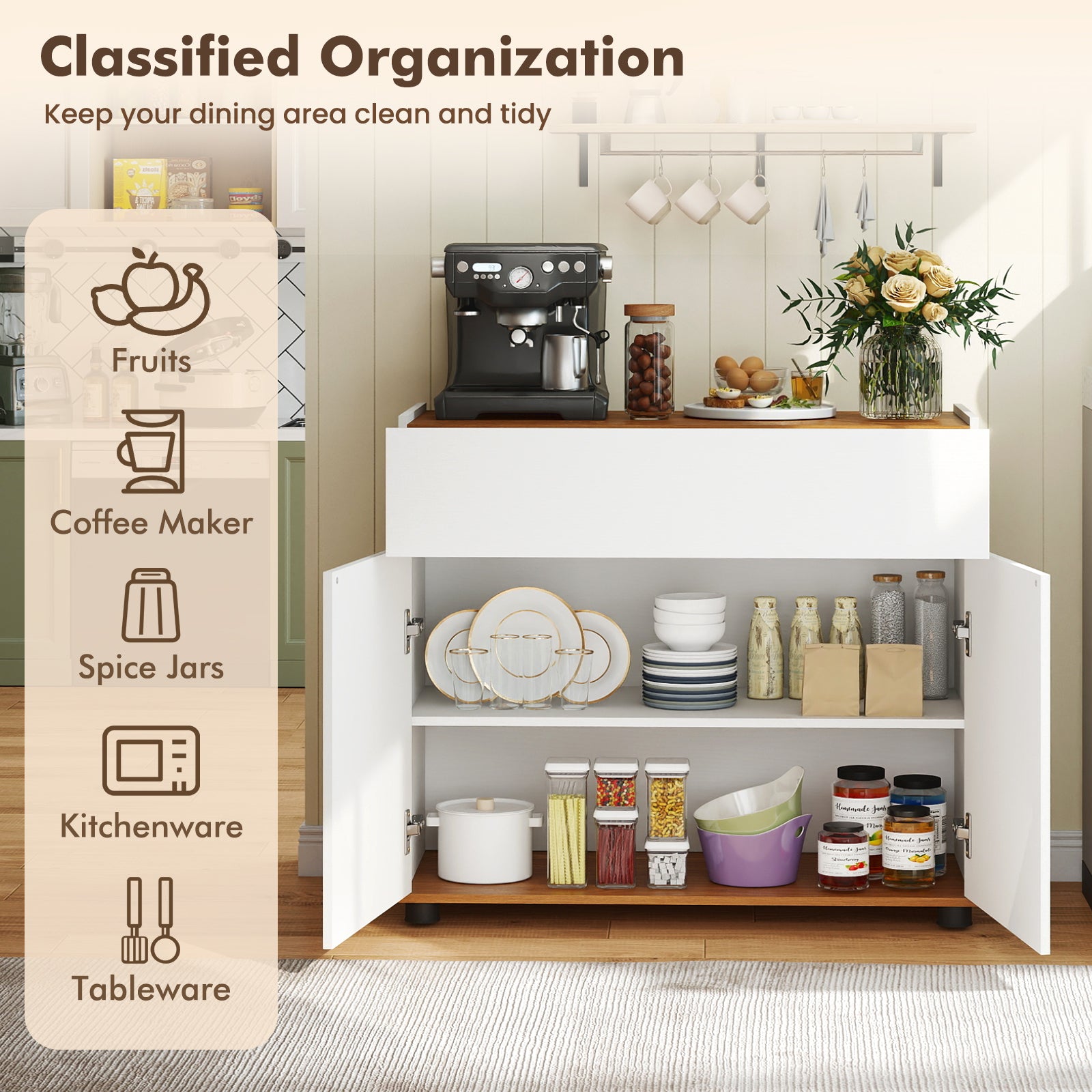 Sideboard Buffet Cabinet with 1 Drawer and 2 Doors for Kitchen-White