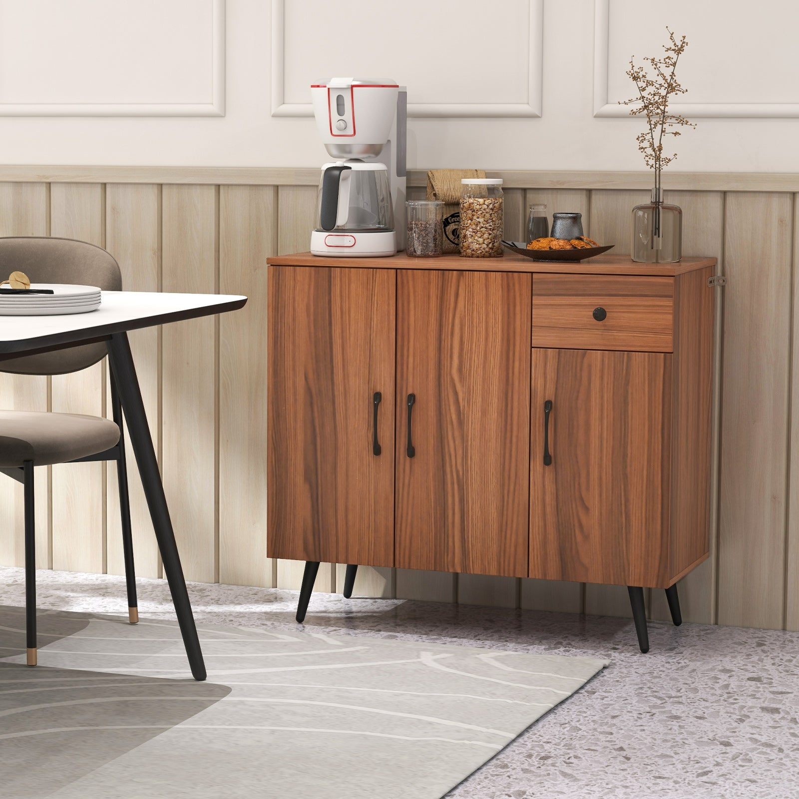 Sideboard Buffet Cabinet with 3 Doors and Pullout Drawer Adjustable Shelves-Walnut