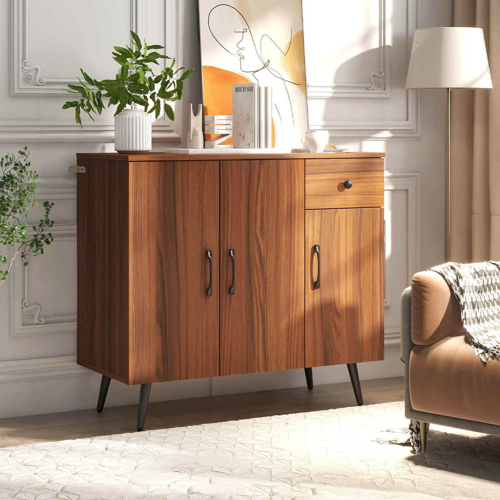 Sideboard Buffet Cabinet with 3 Doors and Pullout Drawer Adjustable Shelves-Walnut