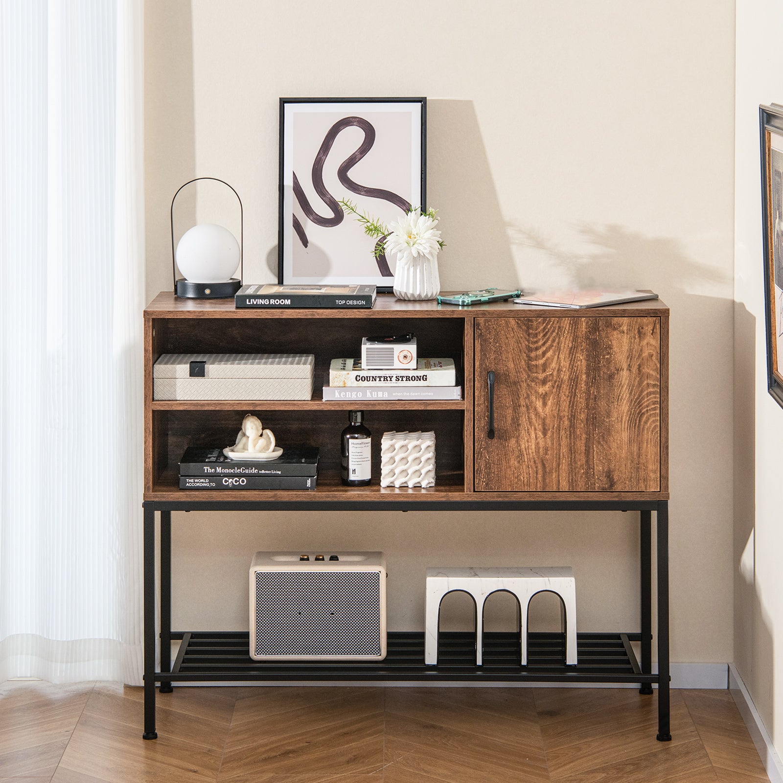Sideboard Buffet Cabinet with Wine Racks and Storage Shelves-Rustic Brown