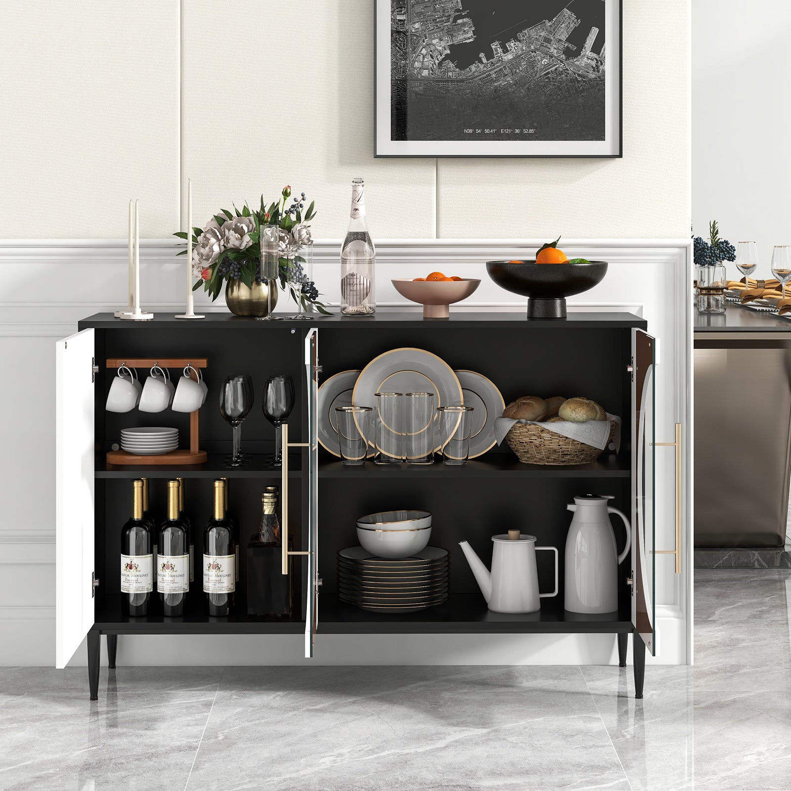 Sideboard Cabinet with Tempered Glass Door-Black &amp; White